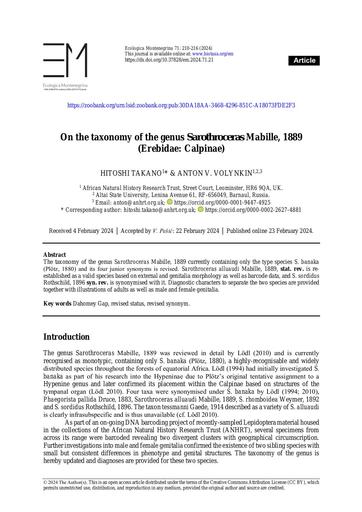 Takano, H, & Volynkin, A., 2024. On the taxonomy of the genus Sarothroceras Mabille, 1889 (Erebidae: Calpinae). Ecologica Montenegrina 71: 210-216 (2024).