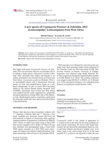 Takano, H. and László, G., M., 2022. A new species of Cryptopacha Prozorov & Zolotuhin, 2012 (Lasiocampidae: Lasiocampinae) from West Africa