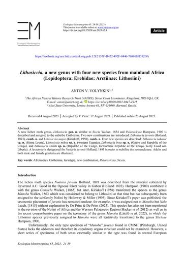 Volynkin, A.V. 2023. Lithosiccia, a new genus with four new species from mainland Africa (Lepidoptera: Erebidae: Arctiinae: Lithosiini). Ecologica Montenegrina, 65: 24–39.