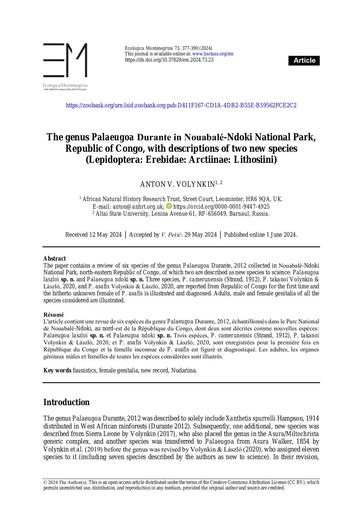 Volynkin, A., 2024. The genus Palaeugoa Durante in Nouabalé-Ndoki National Park, Republic of Congo, with descriptions of two new species (Lepidoptera: Erebidae: Arctiinae: Lithosiini). Ecologica Montenegrina, 73: 377-390.