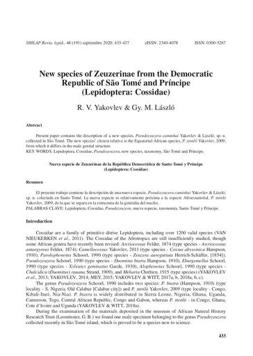 Yakovlev, R.V. & László, G.M. 2020. New species of Zeuzerinae from the Democratic Republic of São Tomé and Príncipe (Lepidoptera: Cossidae). SHILAP Revista de lepidopterologia, 48 (191): 433–437.