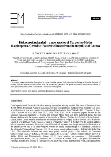 Yakovlev, R.V. & László, G.M. 2020. Holcoceroides landeri - a new species of Carpenter-Moths (Lepidoptera, Cossidae: Politzariellinae) from the Republic of Guinea. Ecologica Montenegrina, 33: 29–34.