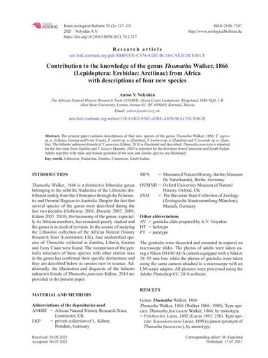 Volynkin, A.V. 2021. Contribution to the knowledge of the genus Thumatha Walker, 1866 (Lepidoptera: Erebidae: Arctiinae) from Africa with descriptions of four new species. Bonn zoological Bulletin 70 (2), 317–331.