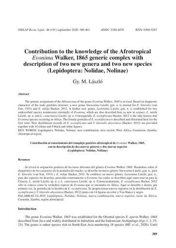 László, G.M. 2020. Contribution to the knowledge of the Afrotropical Evonima Walker, 1865 generic complex with description of two new genera and two new species (Lepidoptera: Nolidae, Nolinae). SHILAP Revista de lepidopterologia, 48 (191): 389–401.